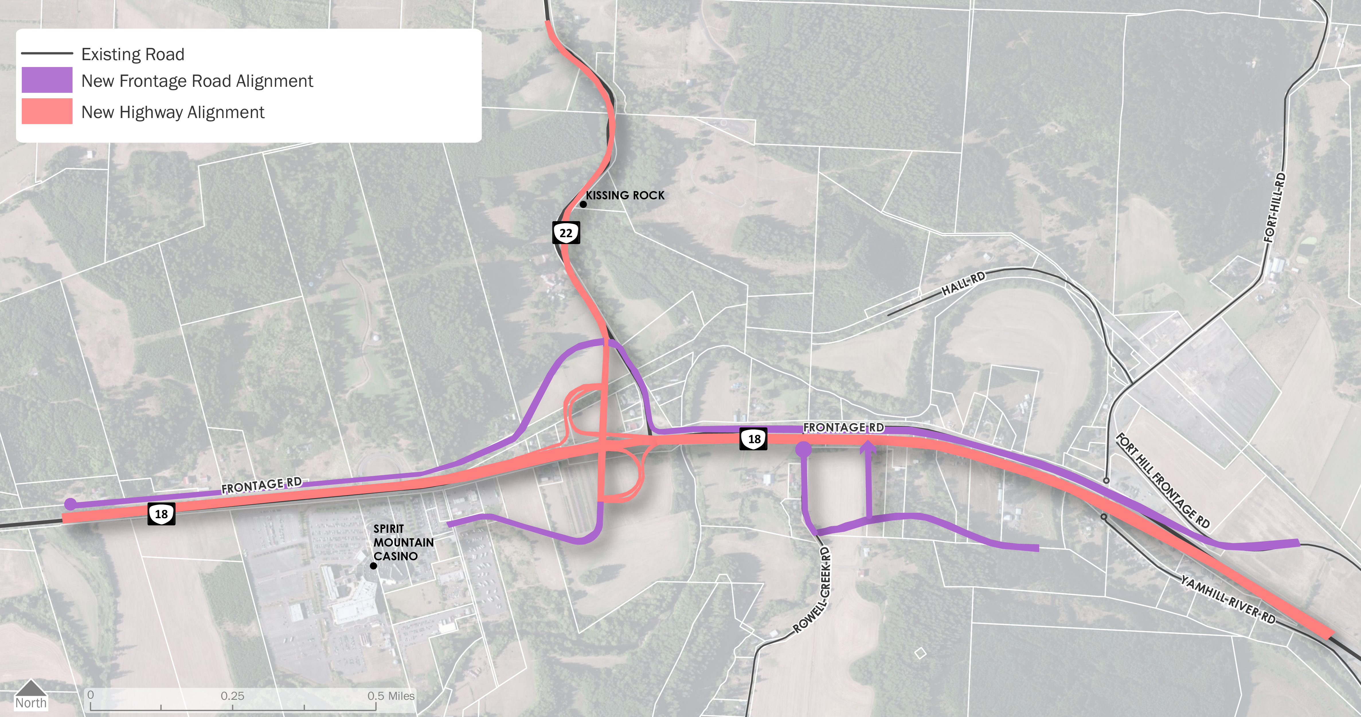 Map depicting the existing road with a purple line overlaid for the new frontage road alignment and an orange line overlaid depicting the new highway alignment